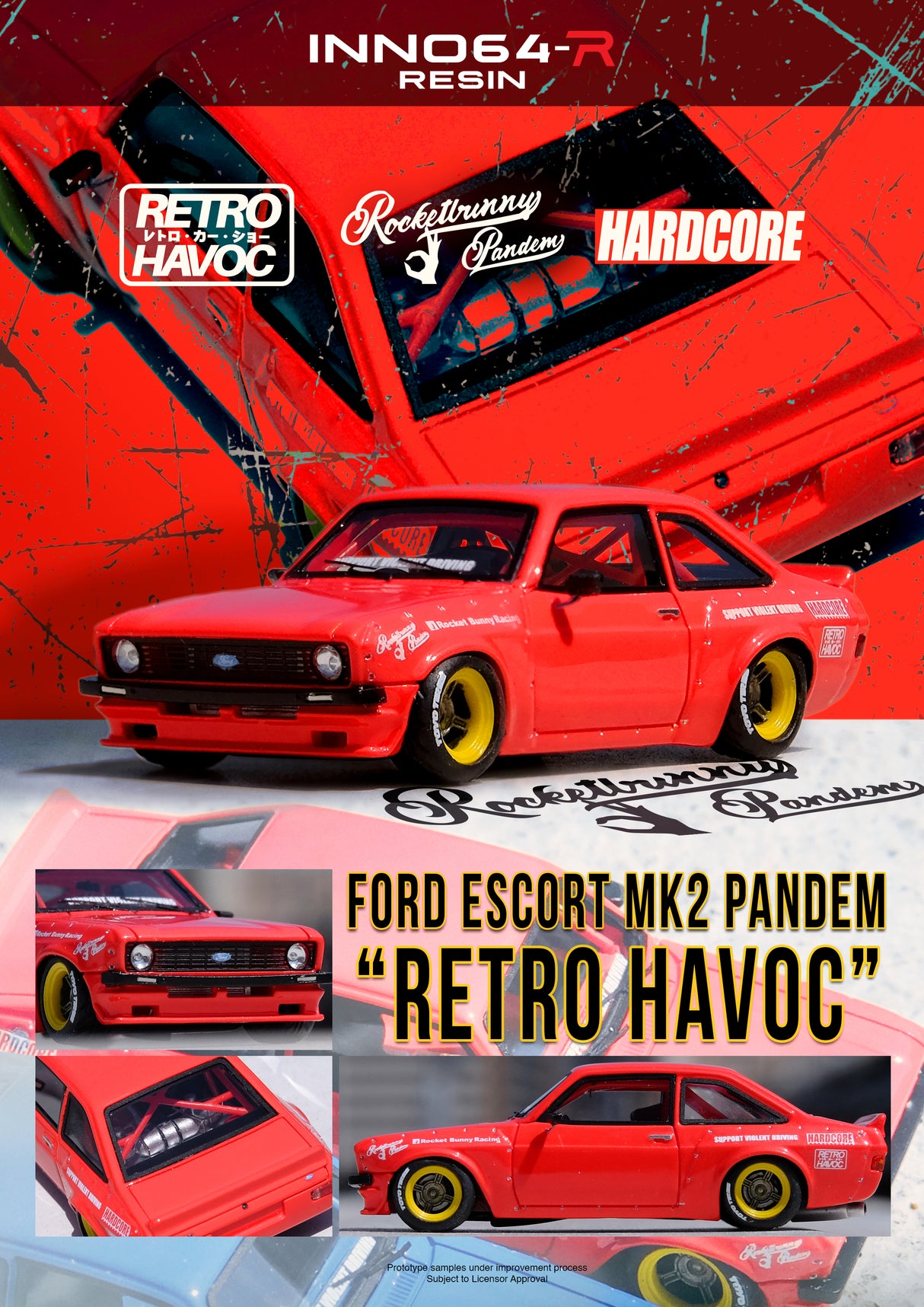 *PREORDER* INNO64 1:64 Ford Escort MK2 PANDEM "EMOTION" RETRO HAVOC in Red
