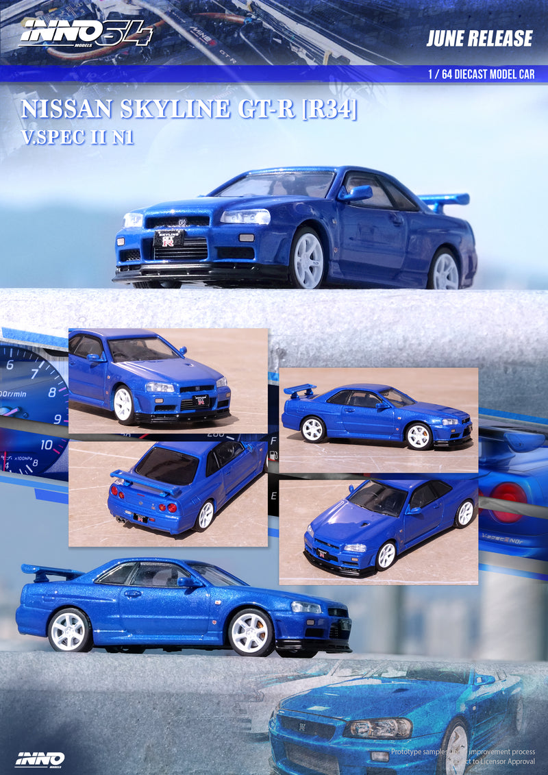 INNO64 1:64 Nissan Skyline GT-R (R34) V-Spec II NUR in Bayside Blue