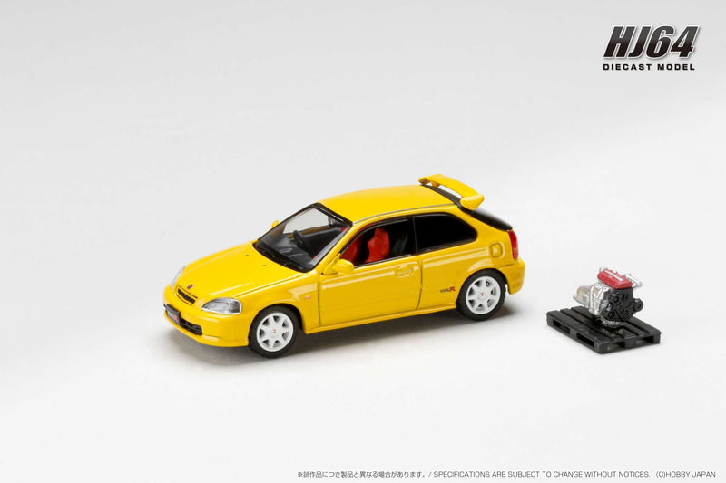 *PREORDER* Hobby Japan 1:64 Honda Civic Type-R (EK9) Early Version in Sunlight Yellow with Engine Display