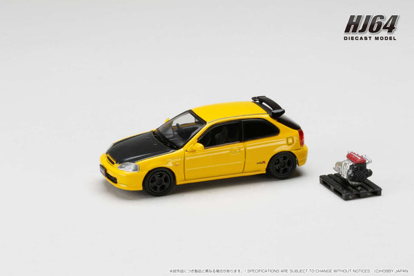 Hobby Japan 1:64 Honda Civic Type-R (EK9) Early Version Custom in Sunlight Yellow with Engine Display