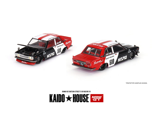 *PREORDER* Kaido House x MINI GT 1/64 Nissan Datsun Street 510 Racing V1 in Red, Black & White