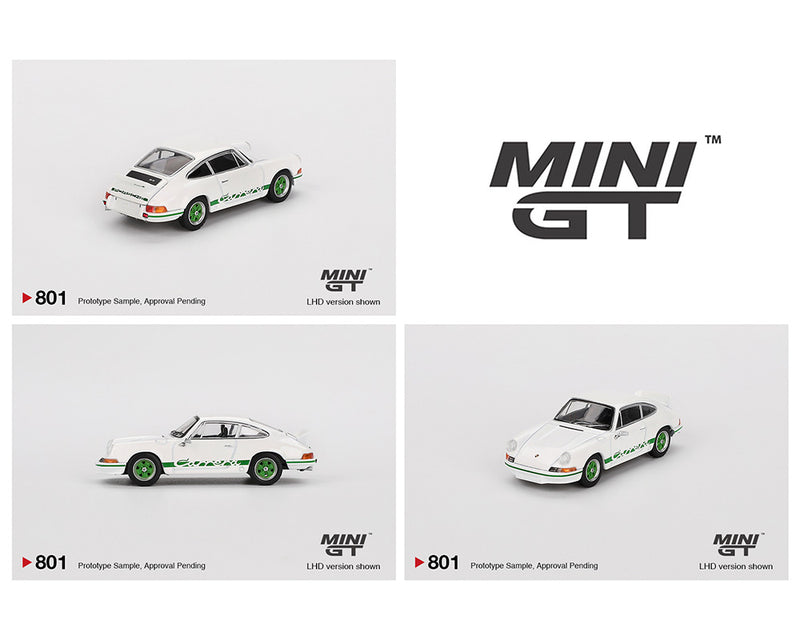MINI GT 1:64 Porsche 911 Carrera RS 2.7 in Grand Prix White with Green Livery