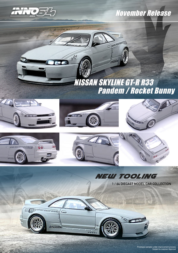 INNO64 1/64 Nissan Skyline GT-R (R33) "Pandem / Rocket Bunny" in Cement Matte Gray