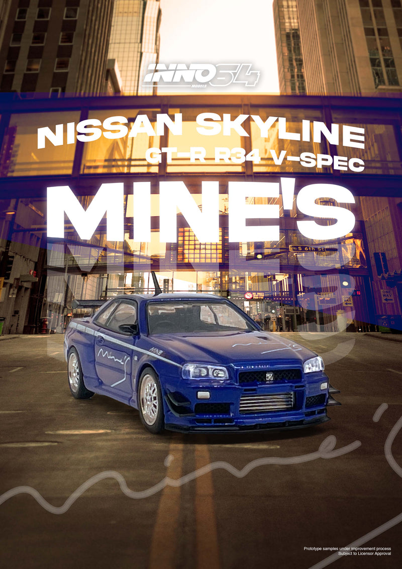 INNO64 1:64 Nissan Skyline GT-R (R34) V-Spec Tuned by "MINE'S" in Blue