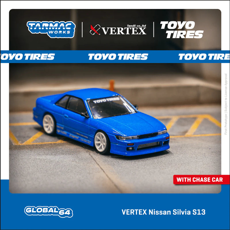 *PREORDER* Tarmac Works 1:64 Nissan Silvia (S13) VERTEX in Toyo Tires in Blue Metallic