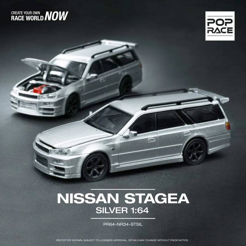 Pop Race 1/64 Nissan Stagea GT-R R34 Conversion in Silver