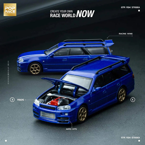 *PREORDER* Pop Race 1/64 Nissan Stagea GT-R R34 Conversion in Bayside Blue