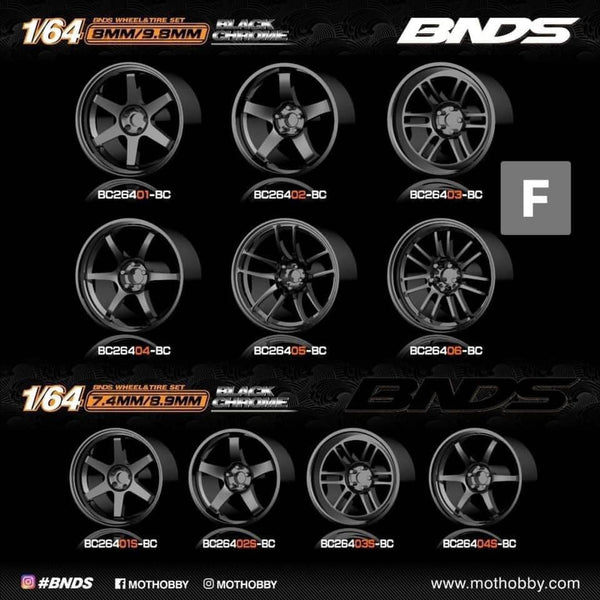 BNDS 1:64 - ABS Wheels and Tires Set in Black Chrome