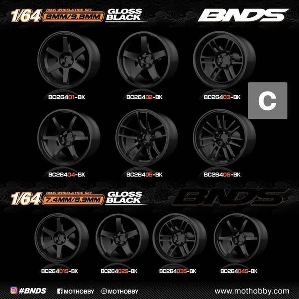 BNDS 1:64 - ABS Wheels and Tires Set in Gloss Black