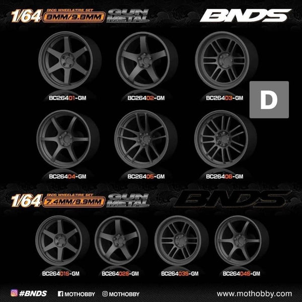 BNDS 1:64 - ABS Wheels and Tires Set in Gun Metal