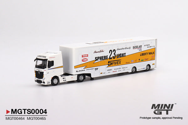 MINIGT 1:64 Mercedes-Benz Actros w/40 Ft Container "LBWK Racing" Transporter