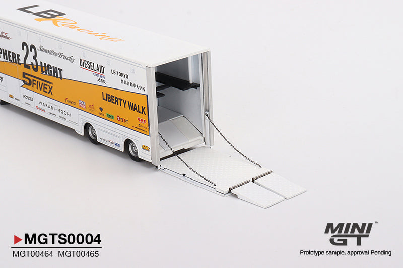 MINIGT 1:64 Mercedes-Benz Actros w/40 Ft Container "LBWK Racing" Transporter