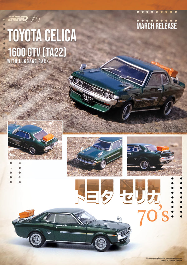 INNO Models 1:64 Toyota Celica (TA22) 1600 GTV Green with Luggage Box