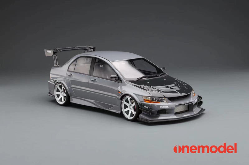One Model 1:18 Mitsubishi Lancer Evolution IX Voltex with Carbon Bonnet in Iron Gray