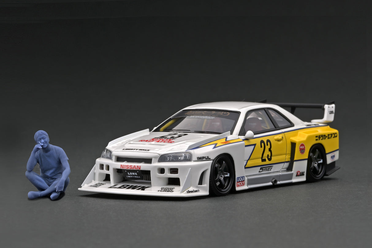 Ignition Model 1:43 Nissan Skyline (ER34) Super Silhouette LBWK in White and Yellow with Mr. Kato Figure