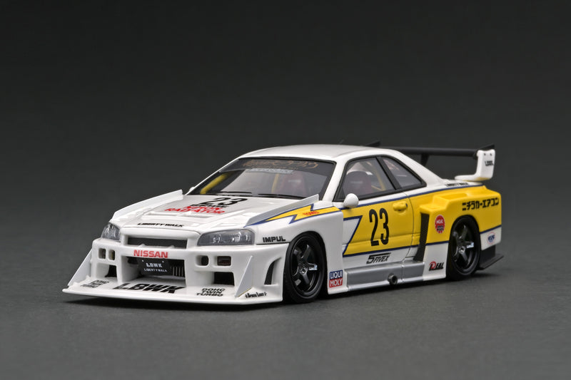Ignition Model 1:43 Nissan Skyline (ER34) Super Silhouette LBWK in White and Yellow with Mr. Kato Figure