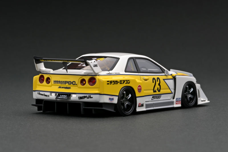 Ignition Model 1:43 Nissan Skyline (ER34) Super Silhouette LBWK in White and Yellow with Mr. Kato Figure