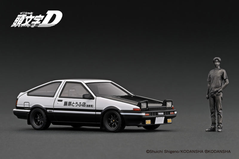 Ignition Model 1:43 Toyota Sprinter Trueno 3Dr GT Apex (AE86) Initial D in White / Black with Takumi Fujiwara Figure