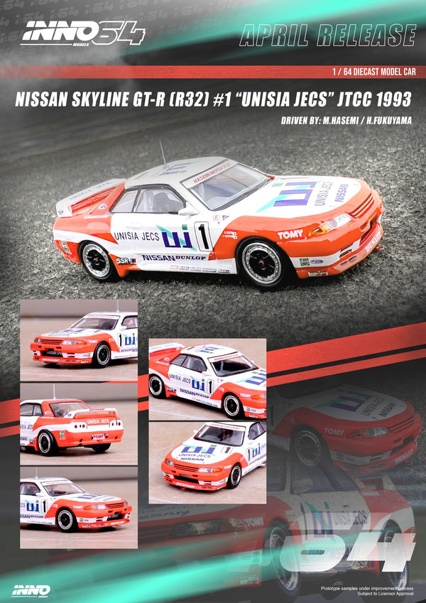 *PREORDER* INNO64 1:64 Nissan Skyline GT-R (R32) #1 "UNISIA JECS" JTCC 1993 M. Hasemi / H. Fukuyama