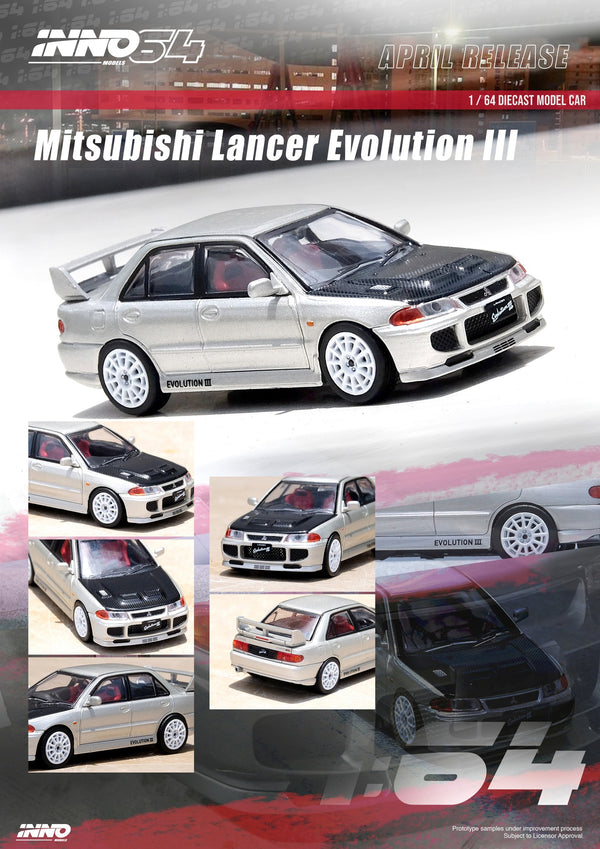 INNO64 1:64 Mitsubishi Lancer EVO III in Silver with Carbon Bonnet