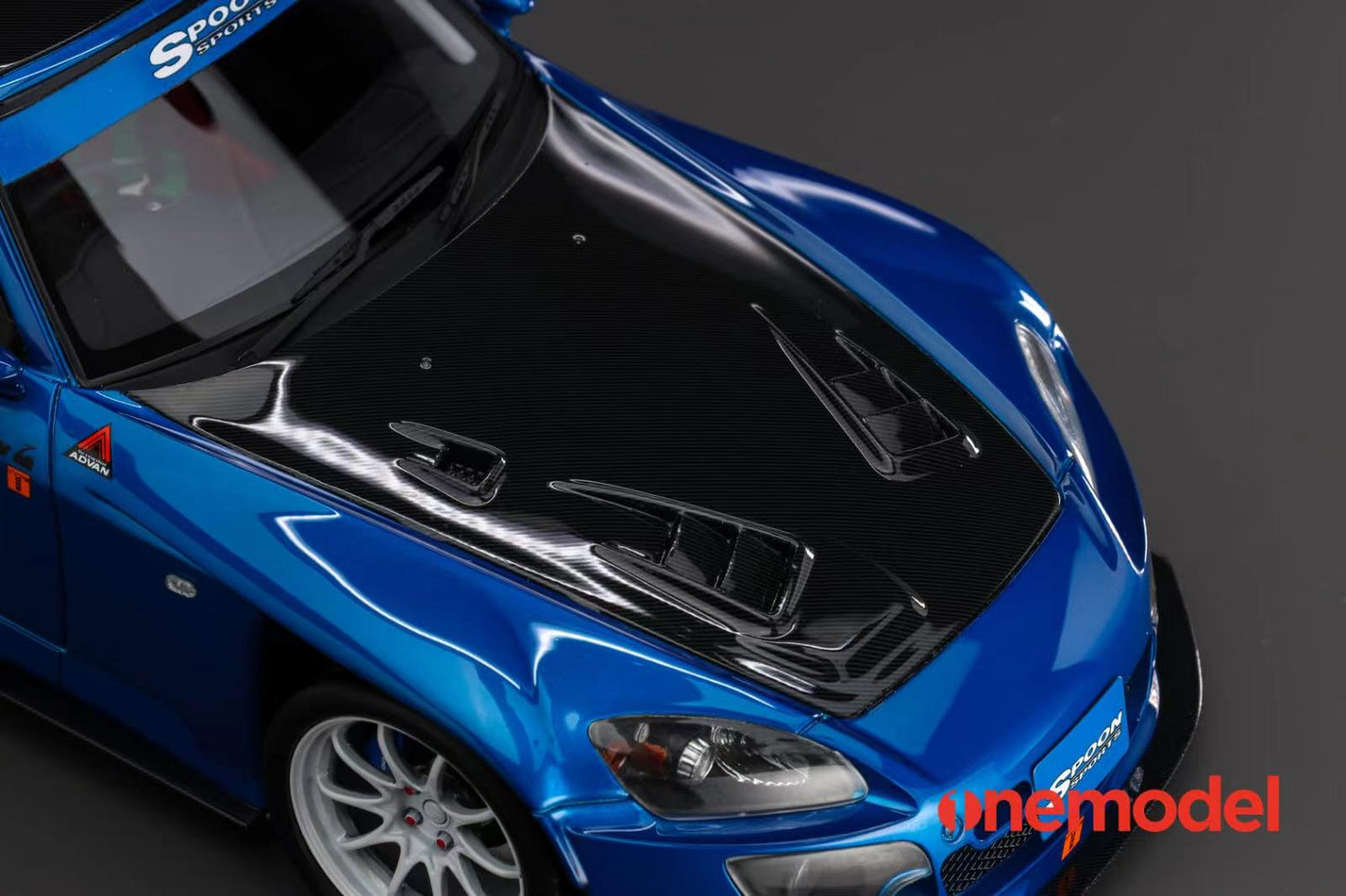 One Model 1:18 Honda AP1 S2000 Spoon Sports Street Version in Blue with Carbon Bonnet