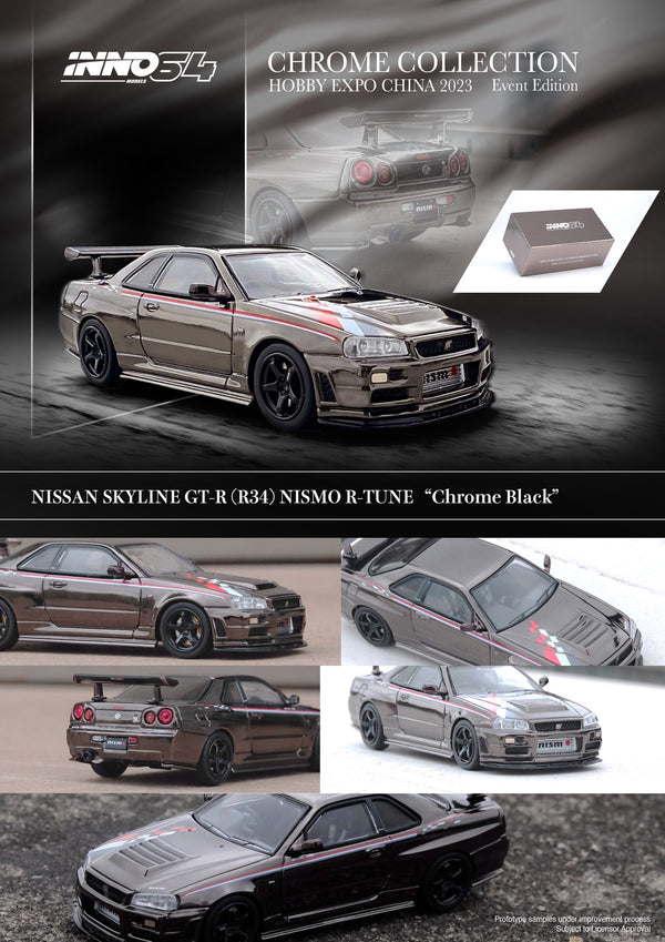 INNO64 1:64 Nissan Skyline GT-R (R34) R-Tune Hobby Expo China 2023 in Black Chrome