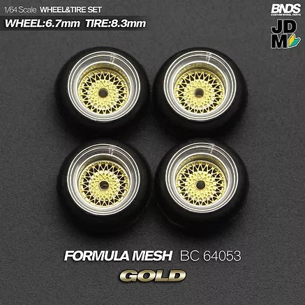 MotHobby BNDS 1:64 - Alloy Wheels and Tires Set - 15" Formula Mesh in Gold