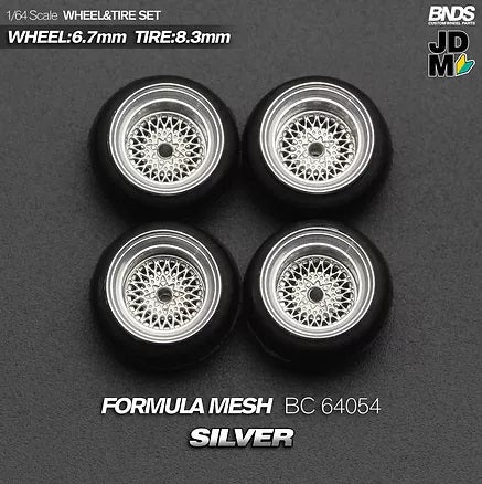 MotHobby BNDS 1:64 - Alloy Wheels and Tires Set - 15" Formula Mesh in Silver