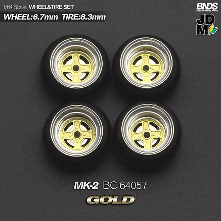 MotHobby BNDS 1:64 - Alloy Wheels and Tires Set - 15" MK-2 Type in Gold