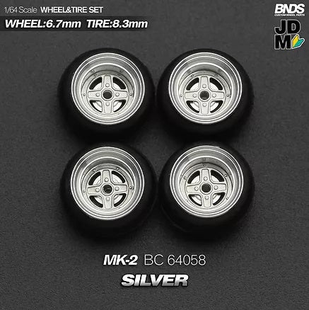 MotHobby BNDS 1:64 - Alloy Wheels and Tires Set - 15" MK-2 Type in Silver