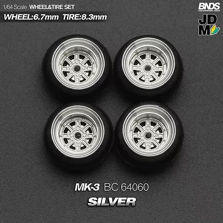 MotHobby BNDS 1:64 - Alloy Wheels and Tires Set - 15" MK-3 Type in Silver