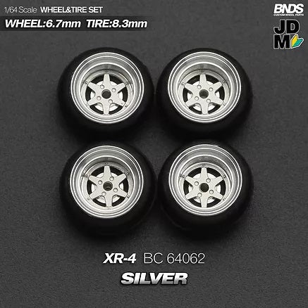 MotHobby BNDS 1:64 - Alloy Wheels and Tires Set - 15" XR-4 Type in Silver