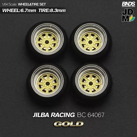 MotHobby BNDS 1:64 - Alloy Wheels and Tires Set - 15" JILBA RACING Type in Gold