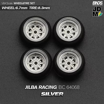 MotHobby BNDS 1:64 - Alloy Wheels and Tires Set - 15" JILBA RACING Type in Silver