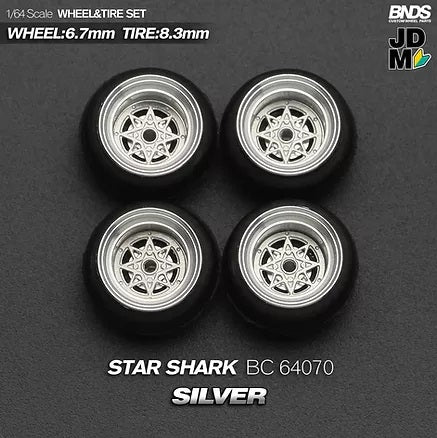 MotHobby BNDS 1:64 - Alloy Wheels and Tires Set - 15" Star Shark in Silver