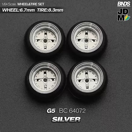 MotHobby BNDS 1:64 - Alloy Wheels and Tires Set - 15" G5 Type in Silver