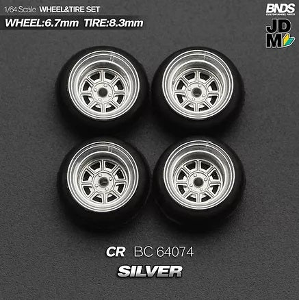 MotHobby BNDS 1:64 - Alloy Wheels and Tires Set - 15" CR Type in Silver