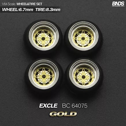 MotHobby BNDS 1:64 - Alloy Wheels and Tires Set - 15" EXCLE Type in Gold