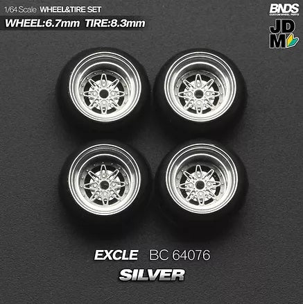 MotHobby BNDS 1:64 - Alloy Wheels and Tires Set - 15" EXCLE Type in Silver