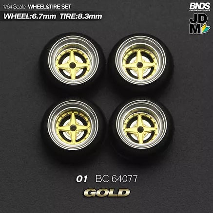 MotHobby BNDS 1:64 - Alloy Wheels and Tires Set - 15" 01 Type in Gold