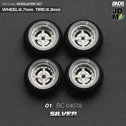 MotHobby BNDS 1:64 - Alloy Wheels and Tires Set - 15" 01 Type in Silver