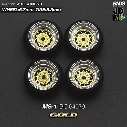 MotHobby BNDS 1:64 - Alloy Wheels and Tires Set - 15" MS-1 Type in Gold