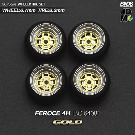 MotHobby BNDS 1:64 - Alloy Wheels and Tires Set - 15" FEROCE 4H Type in Gold