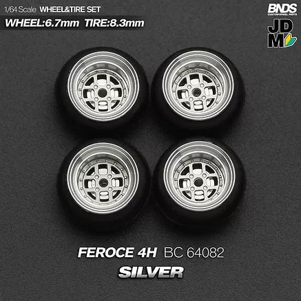 MotHobby BNDS 1:64 - Alloy Wheels and Tires Set - 15" FEROCE 4H Type in Silver