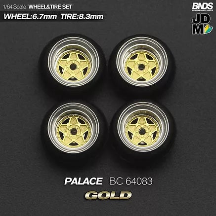 MotHobby BNDS 1:64 - Alloy Wheels and Tires Set - 15" PALACE Type in Gold