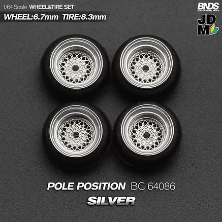 MotHobby BNDS 1:64 - Alloy Wheels and Tires Set - 15" POLE POSITION Type in Silver