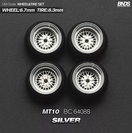 MotHobby BNDS 1:64 - Alloy Wheels and Tires Set - 15" MT10 Type in Silver