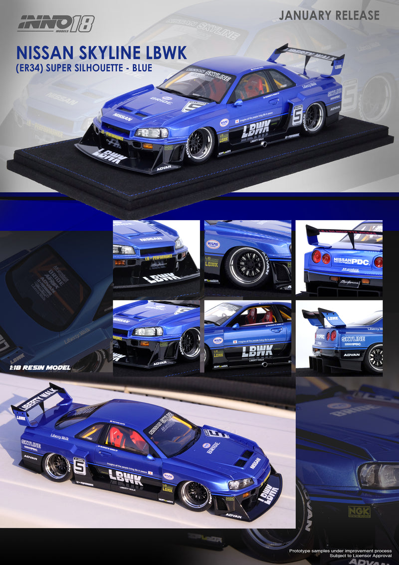 INNO18 1:18 Nissan Skyline (ER34) Super Silhouette "LBWK" in Blue Metallic
