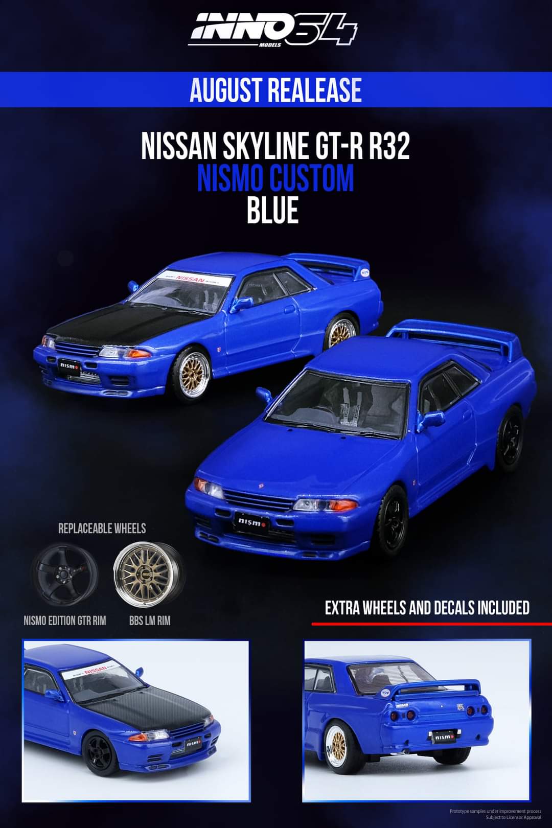 INNO Models 1:64 Nissan Skyline GTR R32 in Blue with Extra Set of Wheels and Water Slides