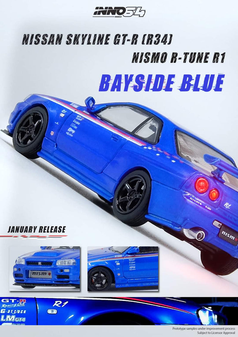 INNO64 1:64 Nissan Skyline GT-R R34 R-Tune R1 in Bayside Blue